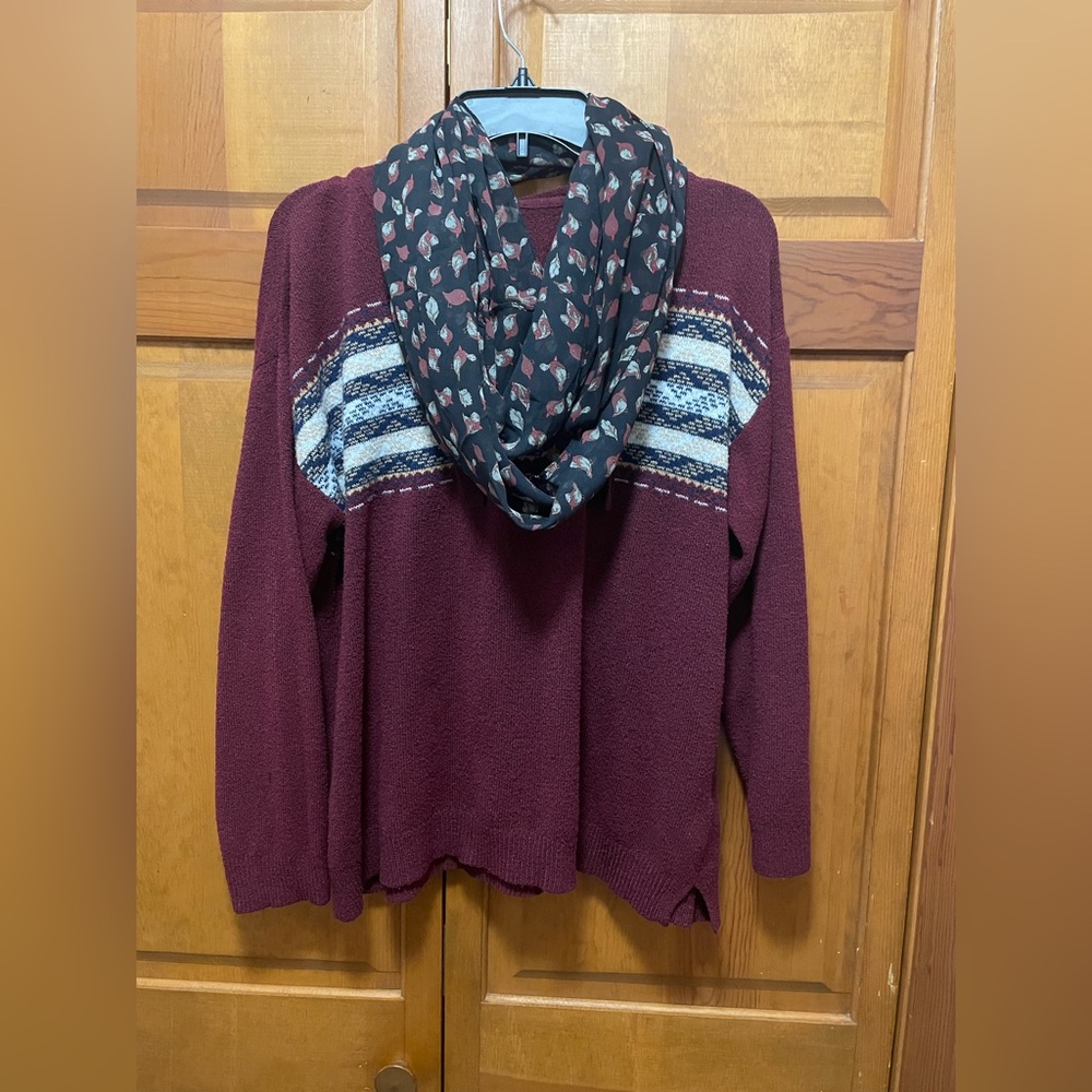 C&C California V-Neck Burgundy Hooded Sweater w/ scarf.